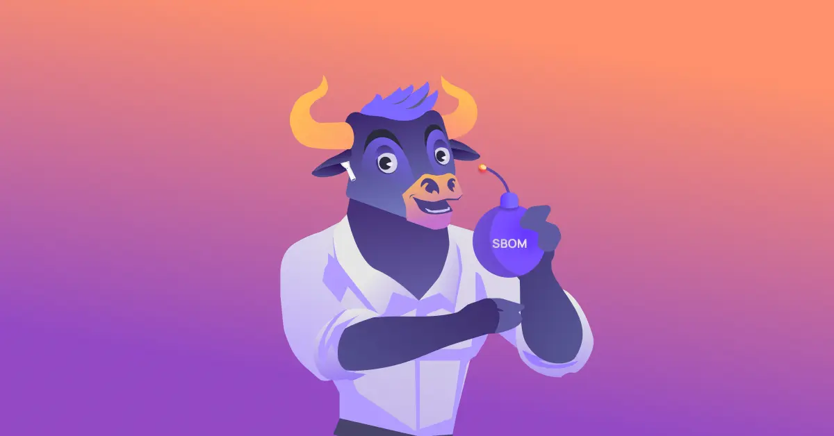 A graphic of OX Security mascot holding a bomb with "SBOM" written on it