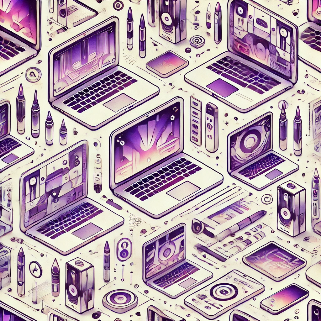 DALL·E 2025 01 02 18.59.42 A seamless repeating pattern featuring abstract illustrations of futuristic laptops with glowing purple screens, stylized desk accessories, and minima